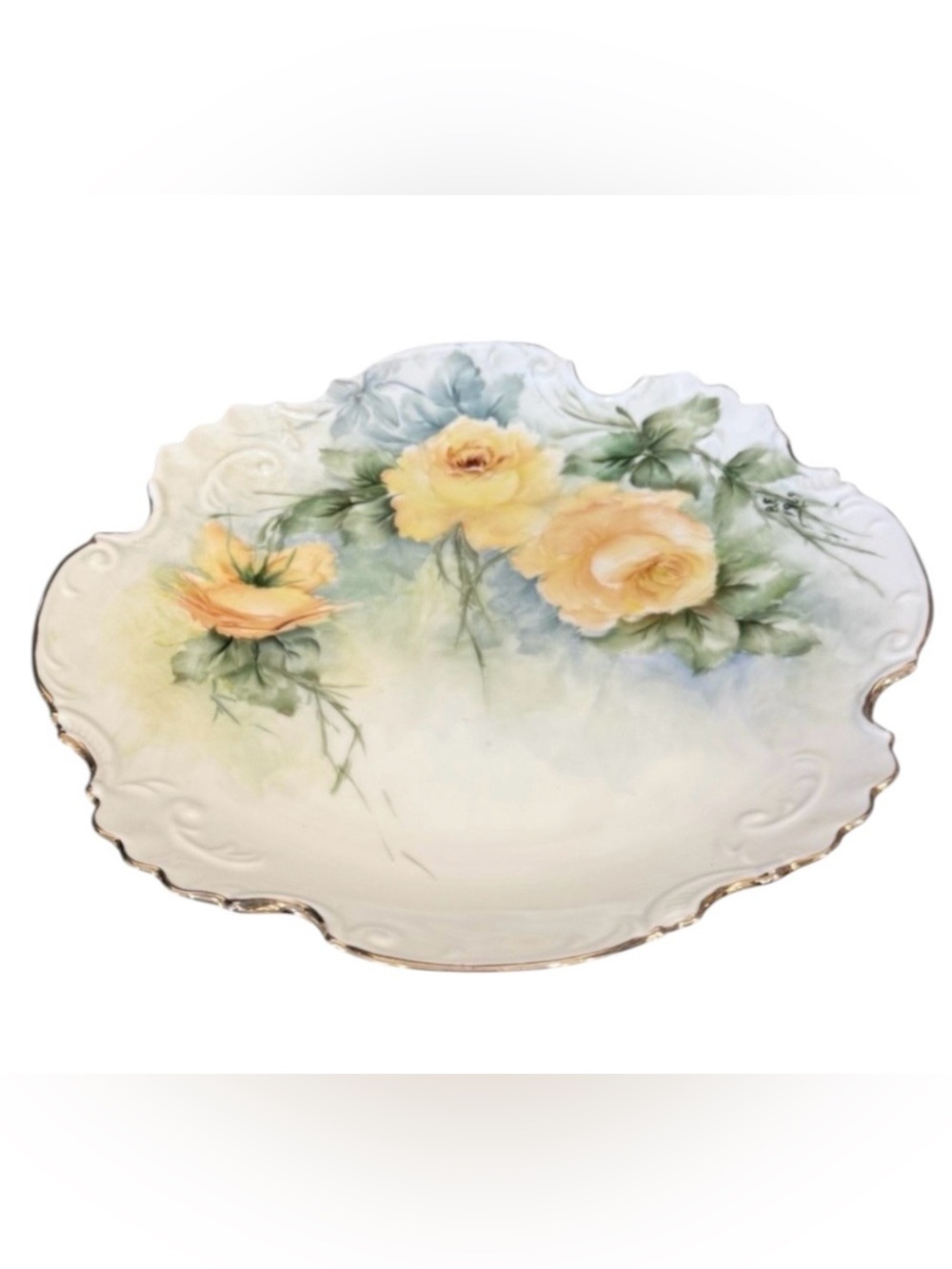 Vintage hand painted floral porcelain display plate with yellow roses